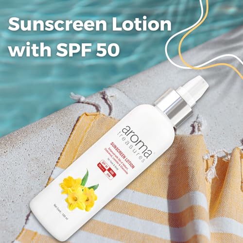 Aroma Treasures Sunscreen Lotion with SPF 50 | Water-resistant | UVA/UVB protection, Infused Lavendefor all skin types, face & body | SPF 50 | (100gm)