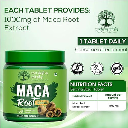 Vruksha Vitals Maca Root Extract 1000 mg per Tablet - 150 Tablets/Capsules Supplement