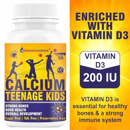 Immunescience Calcium For Kids With Vitamin D (d3), Magnesium, Zinc, Vit C, B12, K2, L-lysine, and Mones, Teeth, Growth 90 chewable Tablet (10-16 yrs)