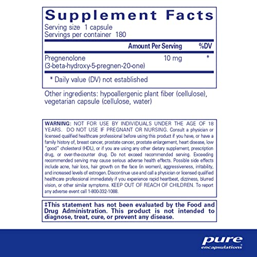 Pure Encapsulations - Pregnenolone 10 mg - Hypoallergenic Supplement - 180 Capsules