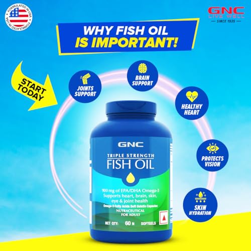 GNC Triple Strength Fish Oil Omega 3 Capsules for Men & Women | 60 Softgels | 900mg EPA & DHA | Imprtertaste | Supports Family Health | USA Formulated