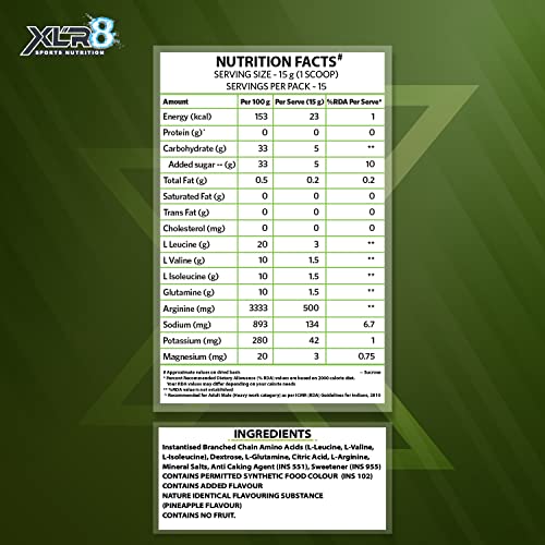 XLR8 BCAA++ Powder Supplement 2:1:1 with | 6000Mg BCAA | 1500 Mg Glutamine | 500 Mg Arginine |180 Electrolytes