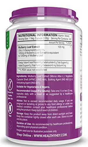 HealthyHey Nutrition Natural Mulberry leaf extract , 125mg serving, 60 vegetable capsules