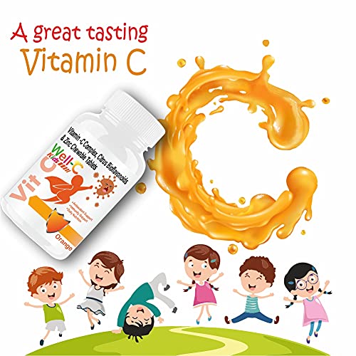 Well-C Vitamin C Tablets Immunity Booster For Kids and Zinc Supplements For Growth Strength Strong Bones Sugar Free Orange Flavor Chewable Tablets -60