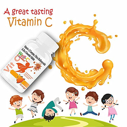 Well-C Vitamin C Tablets Immunity Booster For Kids and Zinc Supplements For Growth Strength Strong Bones Sugar Free Orange Flavor Chewable Tablets -60