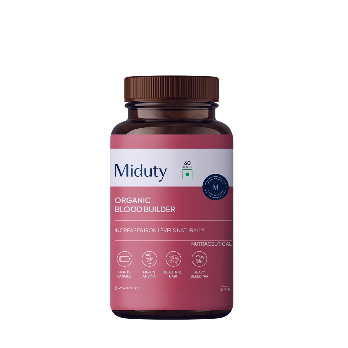 Miduty by Palak Notes Organic Blood Builder - Anemia Supplement - Contains Wheat Grass, Green Amla, Iron Supplement - Hemoglobin Booster - 60 Capsules