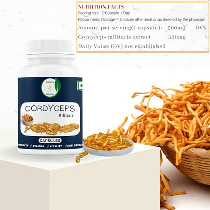 Cordyceps mushroom capsule (Cordy militaris) from Advaita Nutrition for Immunity, Strenght, Power,sta of man and women Pack of 60 (500mg) Veg Capsules