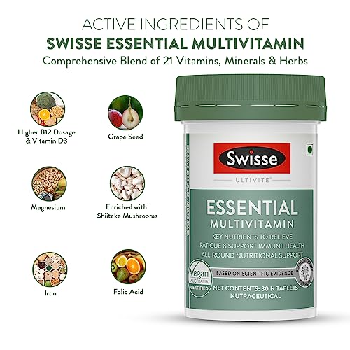 Swisse Essential Multivitamin For Men & Women, 30 Tablets - Vegan Certified Multivitamin with 100% R & Minerals - Australia's No. 1 Multivitamin Brand