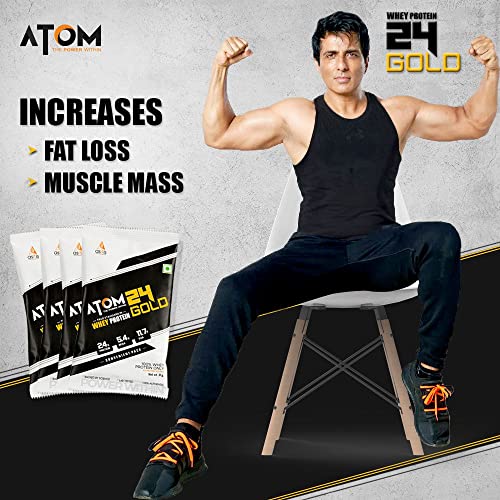 Asitis ATOM 24 Gold Whey Protein Single Sachet - 31 gm | Whey Isolate & Concentrate | 24g Protein | 5.4g BCAA