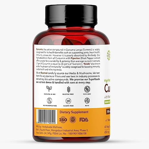 Rooted Curcumin (95%) Reishi & Black pepper Extract (for better absorbtion)1300mg, for Immunity, Joints Cardio Health| 60 VEG Capsules, 650 Mg each