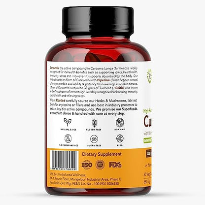 Rooted Curcumin (95%) Reishi & Black pepper Extract (for better absorbtion)1300mg, for Immunity, Joints Cardio Health| 60 VEG Capsules, 650 Mg each