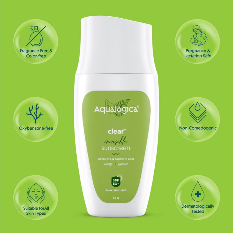 Aqualogica Clear+ Invisible SPF 50 PA+++ Sunscreen with Green Tea & Salicylic Acid - UVA & UVB Sun Pm for Women & Men - Clarifies & Hydrates Skin -50g