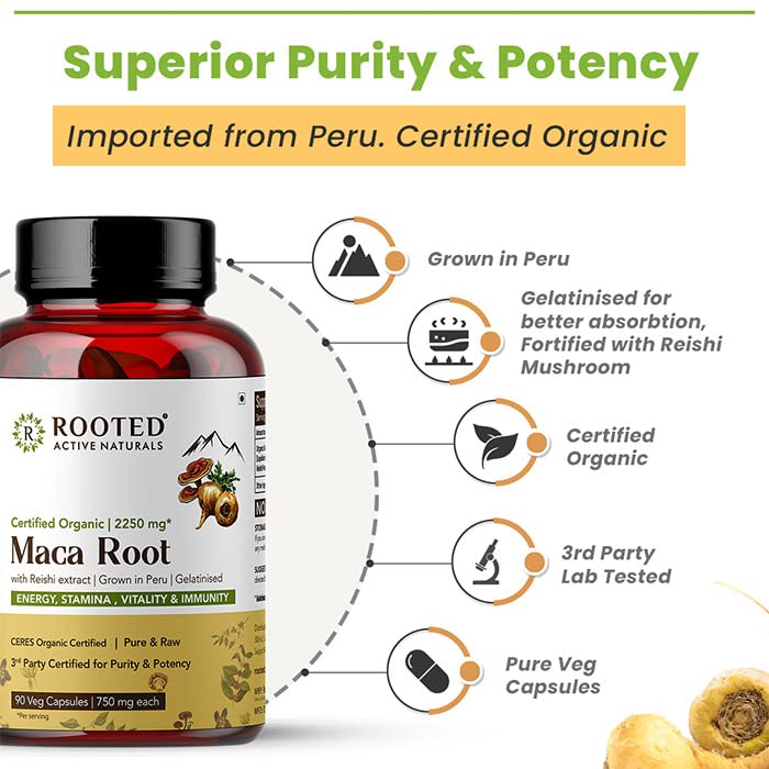 Rooted Actives Maca Root powder with Reishi Mushroom extract (90 Veg Caps, 750 mg) -Stamina, VirilitImported from Peru, Certified Organic, Gelatinised