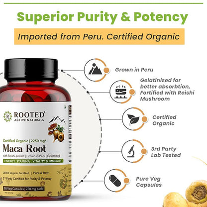 Rooted Actives Maca Root powder with Reishi Mushroom extract (90 Veg Caps, 750 mg) -Stamina, VirilitImported from Peru, Certified Organic, Gelatinised