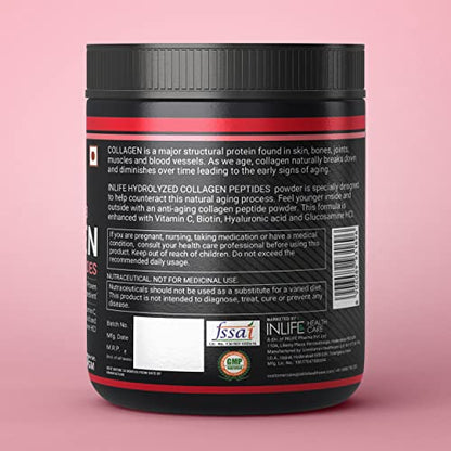 INLIFE Hydrolyzed Collagen Peptides Powder Supplements Type 1,3, Biotin, Vit C, Hyaluronic Acid, Glucosamine - 200g (Strawberry Lemon)