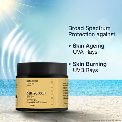 Menhood Sunscreen | SPF 50 For Broad Spectrum with Niacinamide & Vitamin B3 | Suitable For All Skin Type (50 Gm)