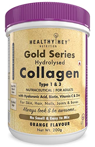 HealthyHey Nutrition Collagen Gold Series with Hyaluronic Acid, Biotin & Vitamin C For Skin, Hair & Nails (Orange, 200g)