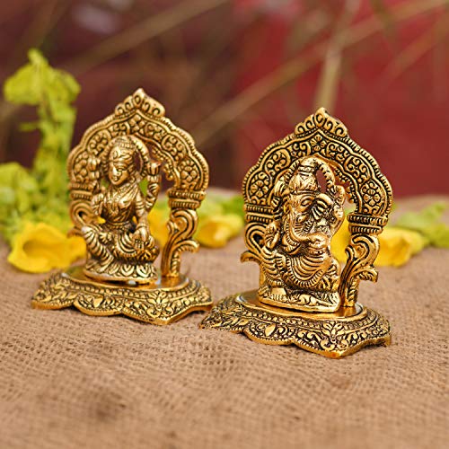 Collectible India Laxmi Ganesh Set Idol Showpiece Metal Gold Plated Lakshmi Ganesha Idols for Diwali Gifts Puja (Set 1)