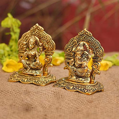 Collectible India Laxmi Ganesh Set Idol Showpiece Metal Gold Plated Lakshmi Ganesha Idols for Diwali Gifts Puja (Set 1)