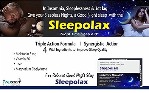 Trexgen SLEEPOLAX Advanced Quck Action Sleep Support Triple Action formula Melatonin 5 mg, B6, P5P sium bisglycinate Tablets (30 X 3 Box= 90 Tablets)