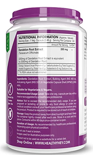 HealthyHey Nutrition Dandelion Root Extract - Natural - 10:1 Ratio - Natural Diuretic & Support Digestion, 60 Vegetable Capsules