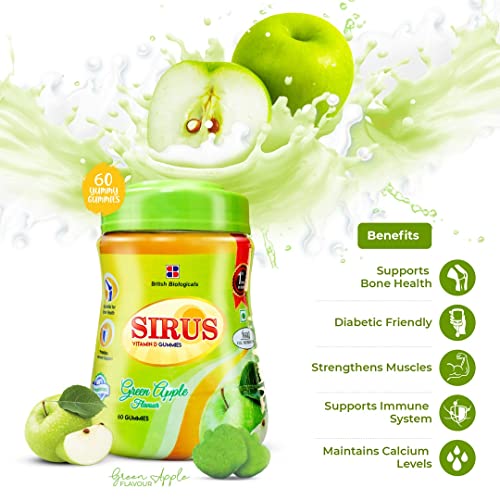 British Biologicals - Sirus Vitamin D3-60 Gummies for Women & Men - Supports Immunity, Bones, Teeth, Nervous System - Gluten Free - Green Apple Flavor