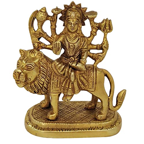 CRAFTHUT Metal Brass Statue Idol of Sherawali MATA Murti Brass/Goddess Durga Maa (4.25 x 3.75 x 2) inch, Weight 450 Grams - Golden Color, 1 Piece