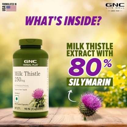 GNC Herbal Plus Milk Thistle | 90 Capsules | Removes Liver Toxins | Protects Liver Health | Detox Su Digestion | Formulated in USA | 250mg Per Serving