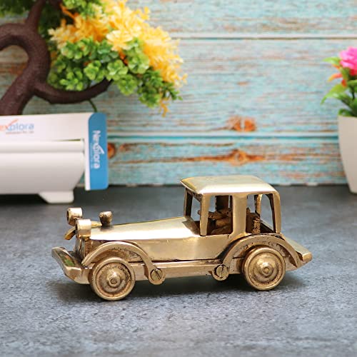 Nexplora Industries Pvt. Ltd. Brass Vintage Car Showpiece Figurine Statue for Home Decor Gift, Glossy Antique Finish, 14 cm Tall