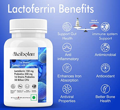 Meibotan lactoferrin supplement with Probiotics 50 Billion CFU For Men & Women with 16 Strains - Stilism, Digestion, Immunity Support- 60 Veg Capsules