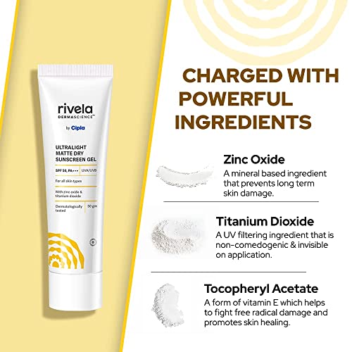 Rivela Dermascience By Cipla Ultralight Matte Sunscreen Gel | SPF 50, PA+++ | With Zinc Oxide | No Won-Sticky Finish | For Normal to Oily Skin | 50 gm