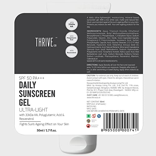 ThriveCo Ultra-Light Daily Sunscreen Gel,Mineral-Based SPF 50 PA+++ for Protection Against UVA/UVB rAll Skin Types 50 ml Skin Hydration and Protection