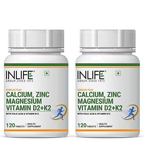 INLIFE Calcium Magnesium Zinc Vitamin D K2 Folic Acid & B12 Vegetarian Tablets, Bone & Joint Supportement for Women Men - 120 Tablets (Pack of 2, 240)