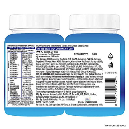 Centrum Men, with grape seed extract, Vitamin C & 21 other nutrients for Overall Health, Strong Muscles & Immunity (Veg) 50s
