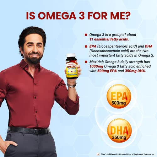 Cipla Maxirich Omega 3 | Super Strength Capsule | EPA 500mg | DHA 350mg | Immune Booster Capsules | rts Heart, Eye, Joint & Brain Health | 60 Capsules