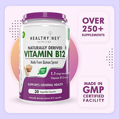 HealthyHey Nutrition 100% Natural Vitamin B12 - Support Immune Health | Non-Synthetic, No-Chemical | 30 Veg. Capsules