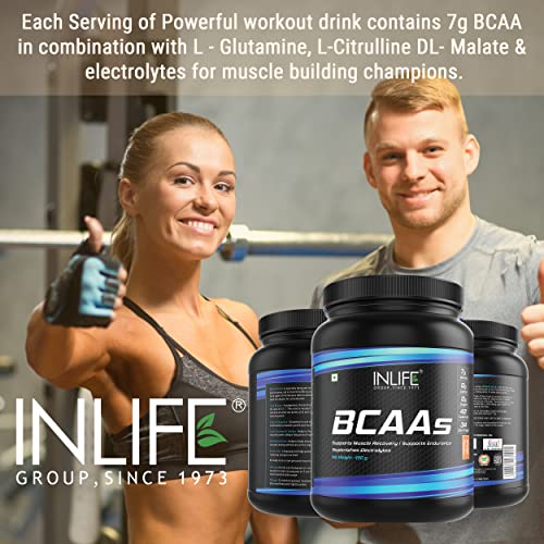 INLIFE BCAA Supplement 7g Amino Acids Instantized for Pre Post & Intra Energy Drink for Workout (Orange, 450g)