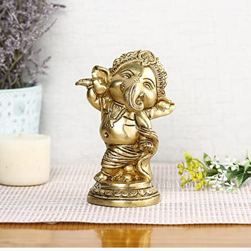 Collectible India Brass Ganpati Idol Sculpture, 5'' x 3.8'', Golden (Model Number: GBS195)