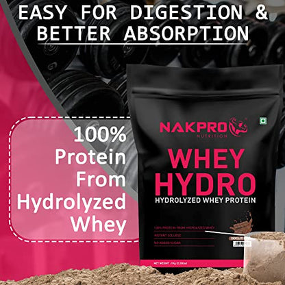 Nakpro HYDRO Whey Protein Hydrolyzed | 25g Protein, 5.8g BCAA | 1Kg Chocolate Flavour (30 Servings)