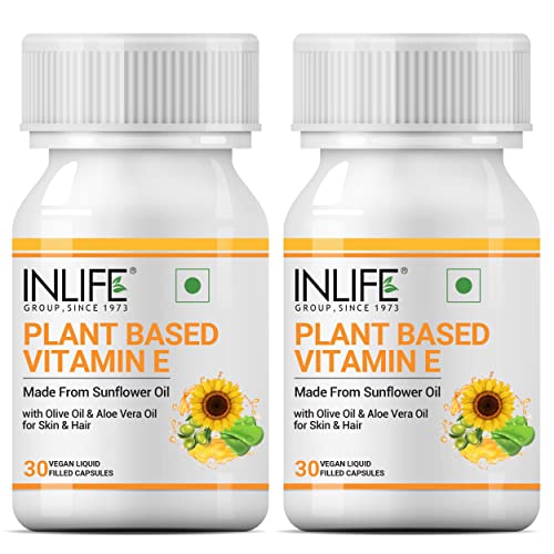 INLIFE Plant Based Natural Vitamin E Oil Capsules for Face and Hair | Sunflower, Olive & Aloe Vera Ofor Women & Men–30 Vegetarian Capsules (Pack of 2)