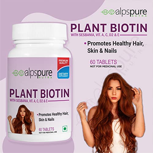 Alpspure Nutra Biotin, Supplements for Hair Growth, Strong Hairs, Glowing Skin & Healthy Nails | Redl Biotin Source Sesbania Extract | 60 Veg. Tablets