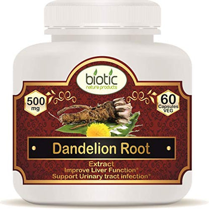 Biotic Natural Dandelion Root Capsules 500mg Extract - 60 Veg Capsules