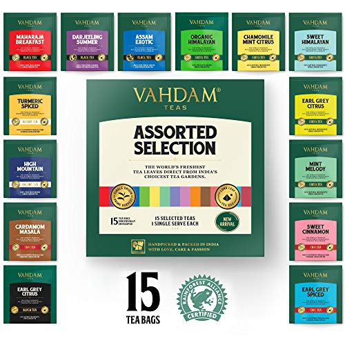 VAHDAM Tea Bags Assortment - Sampler Trial Pack | Tea Assortment of 15 Premium Tea Bags