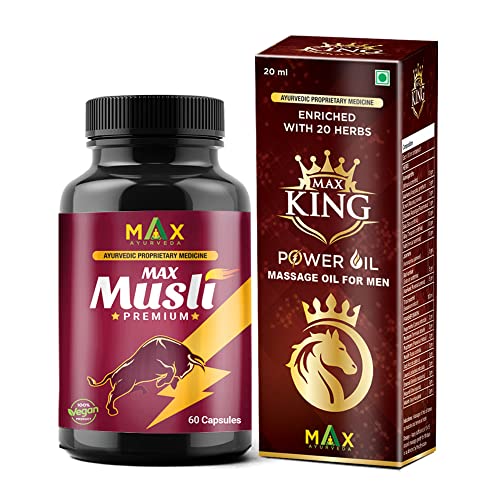 Max Ayurveda Musli Premium Capsules & King Power Ayurvedic Herbal Massage Oil For Men - Combo Pack (60 Capsules + 1 Oil Bottle)