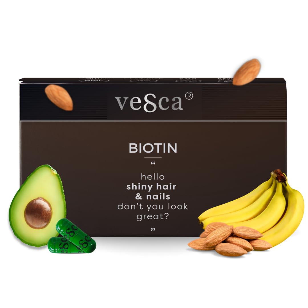 Vesca Biotin Supplement for Hair Growth | Nail Growth for Men & Women | Reduce Hair Fall | Glowing Skin | 100% Plant Based & Vegetarian | 30 Capsules