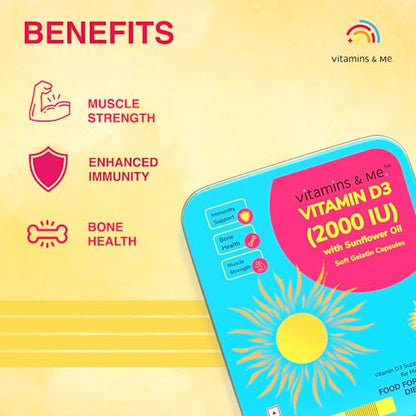 Vitamin D3 2000 IU with Sunflower Oil by Vitamins & Me - Vitamin D3 Supplement - Ideal for Men WomenAbsorption and Immunity (60 Soft Gelatin Capsules)