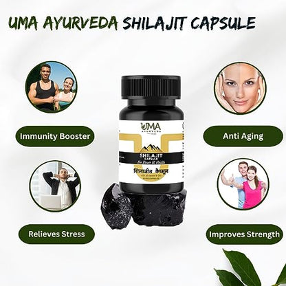 Uma Ayurveda Shilajit Capsules for Men and Women | 60 Shilajit Capsules (500mg / Shilajit Capsule) Pack of 1