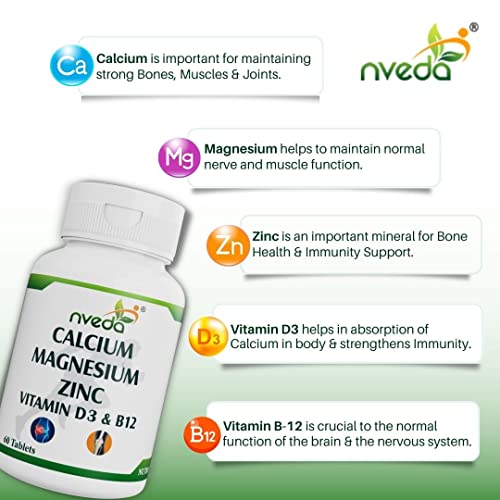 Nveda Calcium Supplement 1,000 mg with Vitamin D3, B12, Magnesium, Zinc Men & Women For Immunity, Bone & Joint Support - 120 Tabs (Pack of 2)