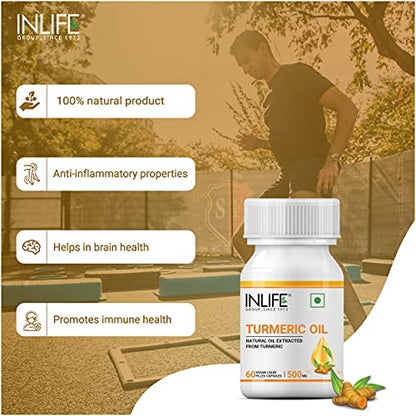 INLIFE Turmeric Oil Capsule, Faster Absorption than Extract, Antioxidant & Natural Detoxifier Supplement for Men & Women, 500mg – 60 Veg Caps