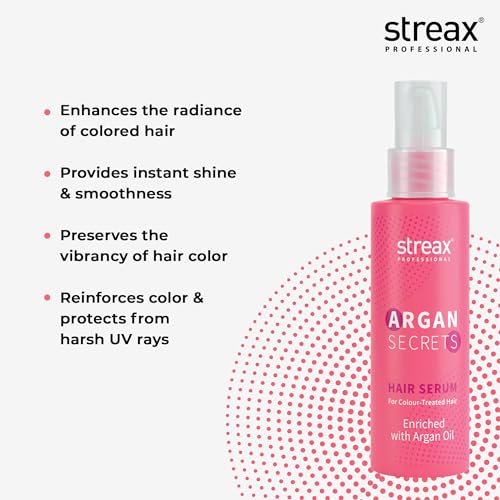 Streax Professional Argan Secrets Colour Protect Hair Serum for Women | Enriched with Argan Oil & UVe & Smoothness | Enhances Radiance of Hair | 100ml